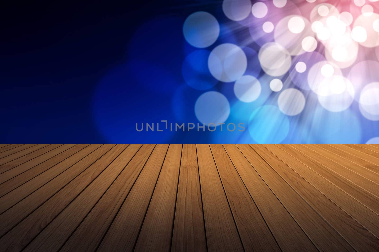 Perspective wood and bokeh light background. product display template