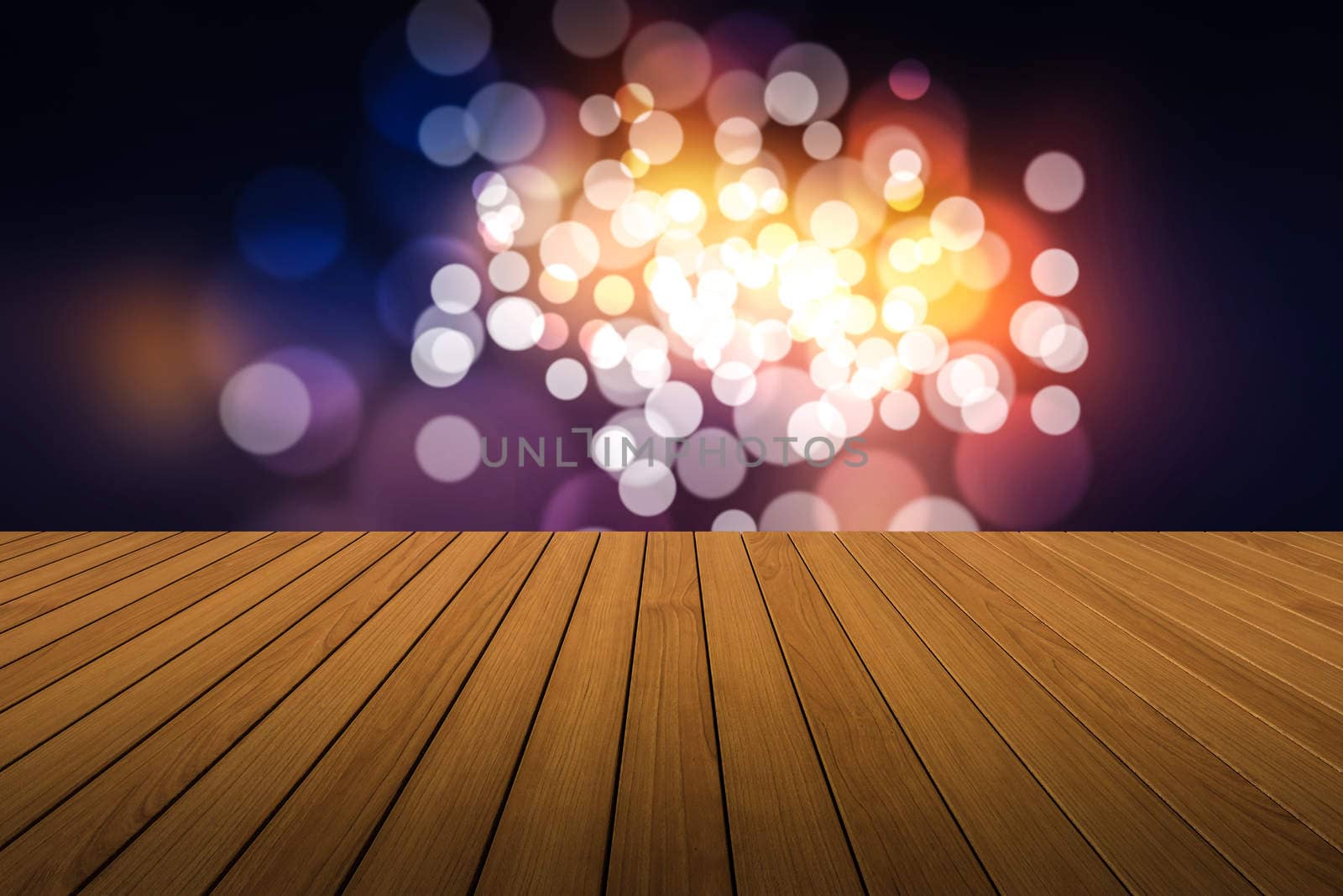 Perspective wood and bokeh light background. product display template