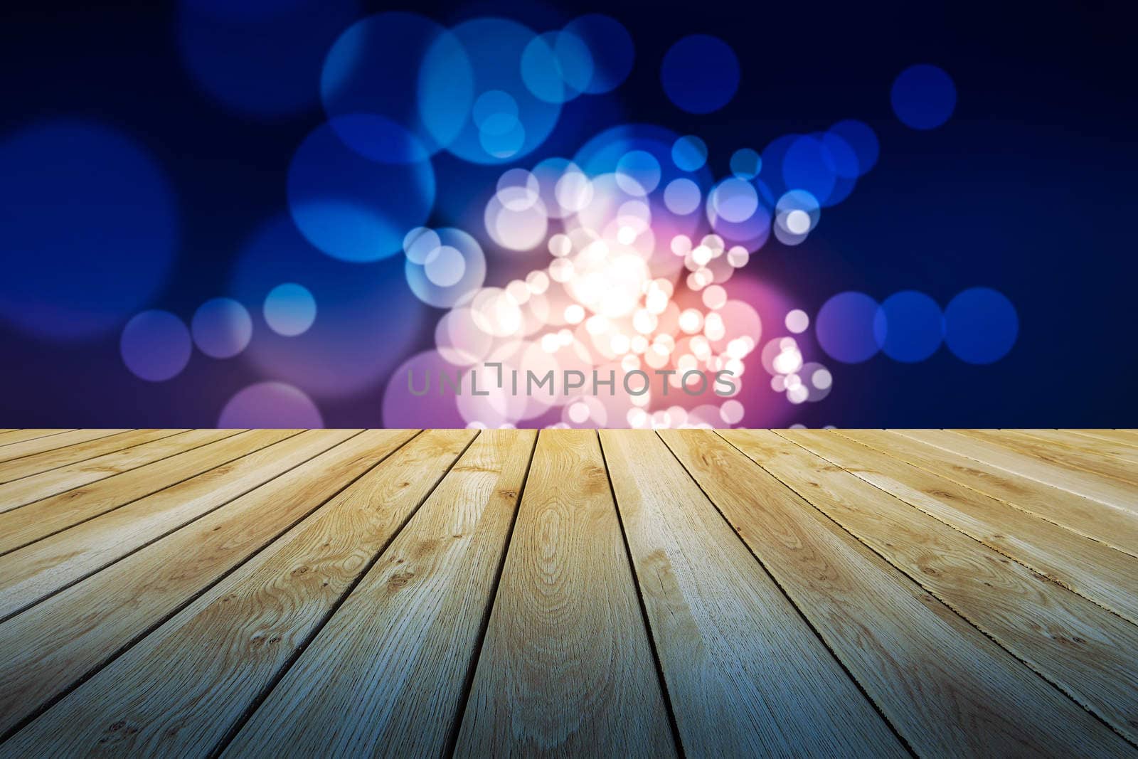 Perspective wood and bokeh light background. product display template