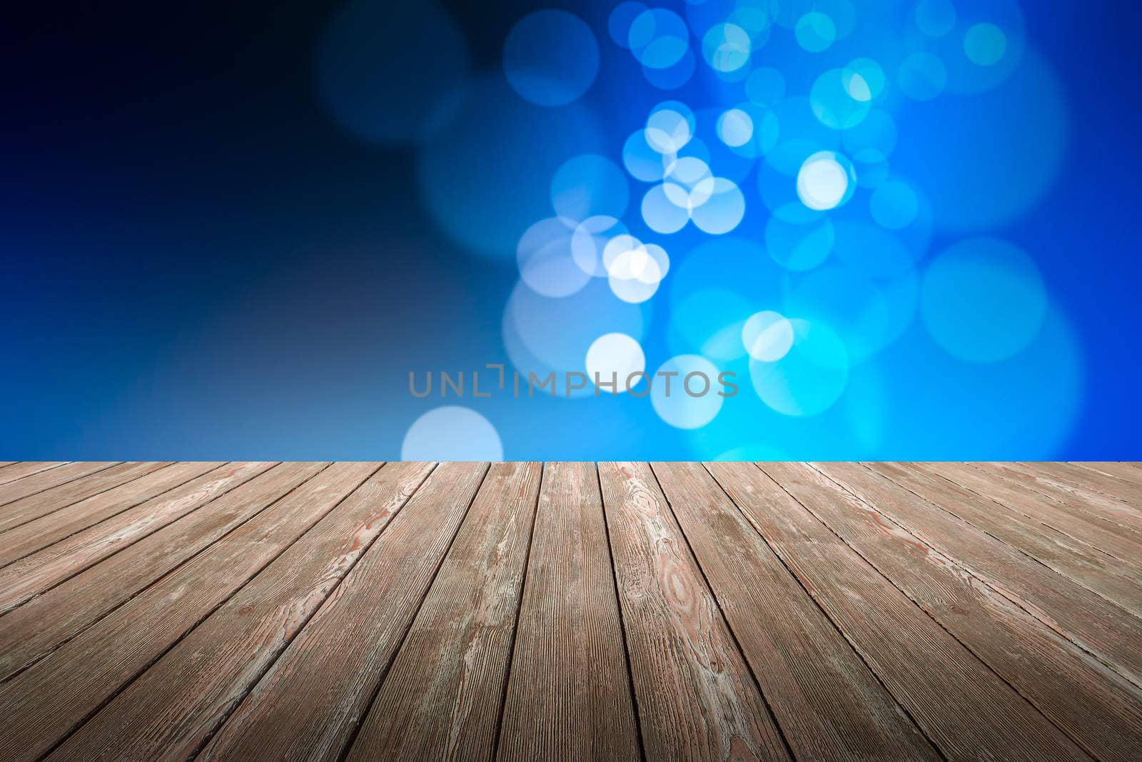 Perspective wood and bokeh light background. product display template