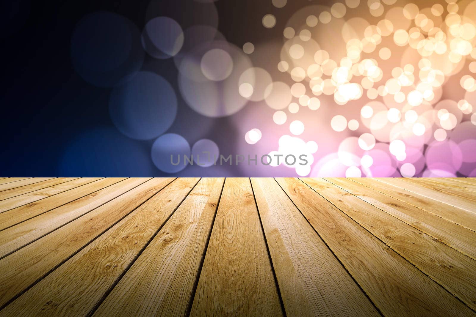 Perspective wood and bokeh light background. product display template