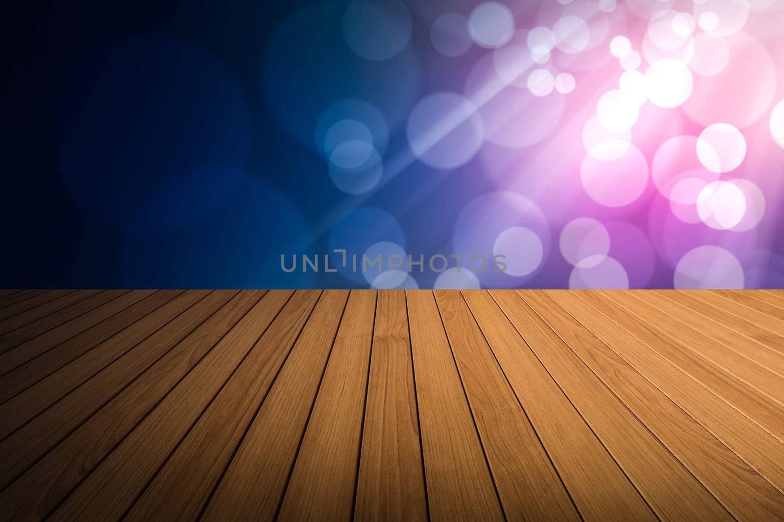 Perspective wood and bokeh light background. product display template