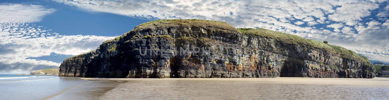 a panorama of the cliffs and beach on the wild atlantic way in ballybunion county kerry ireland