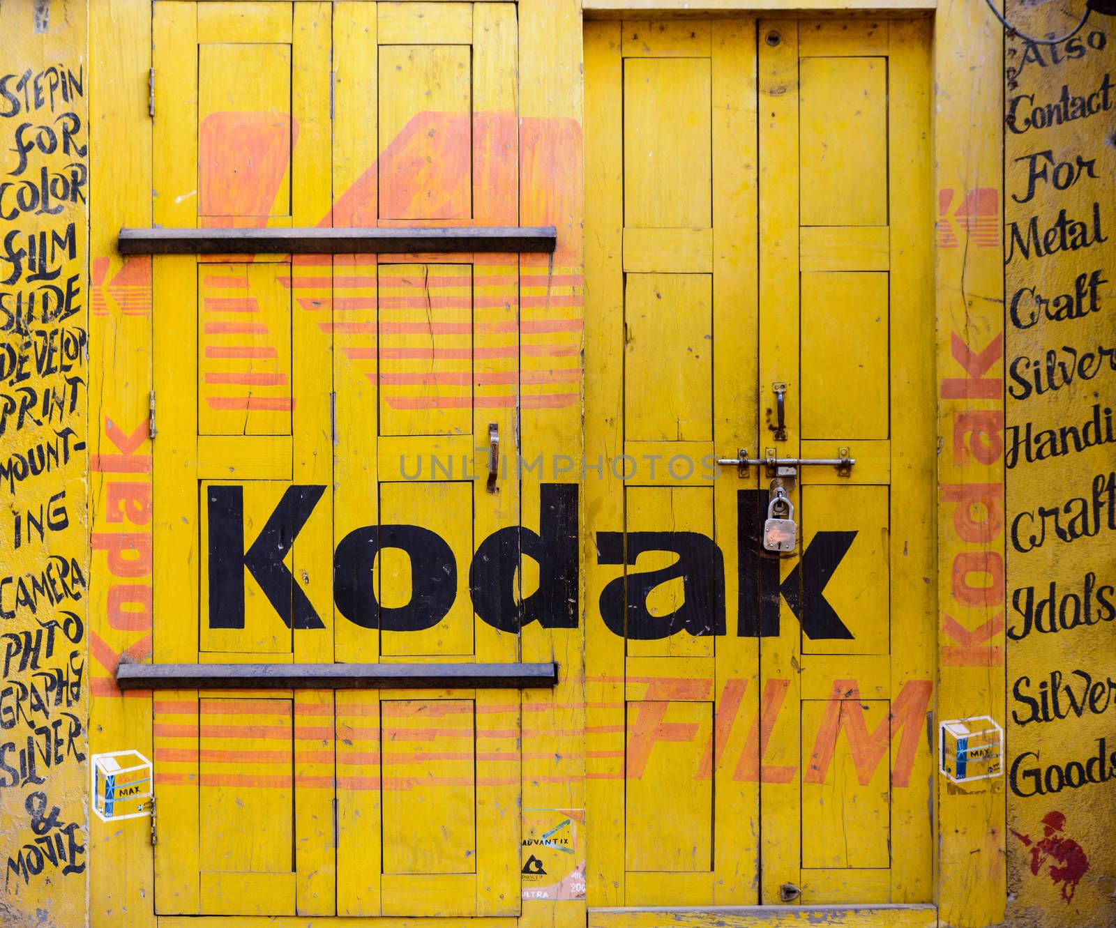 BHAKTAPUR, NEPAL - NOVEMBER 15, 2015: Kodak sign painted on shut a photography studio