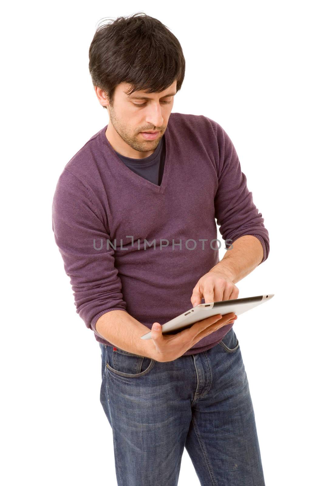 Casual young man using digital tablet isolated on white background