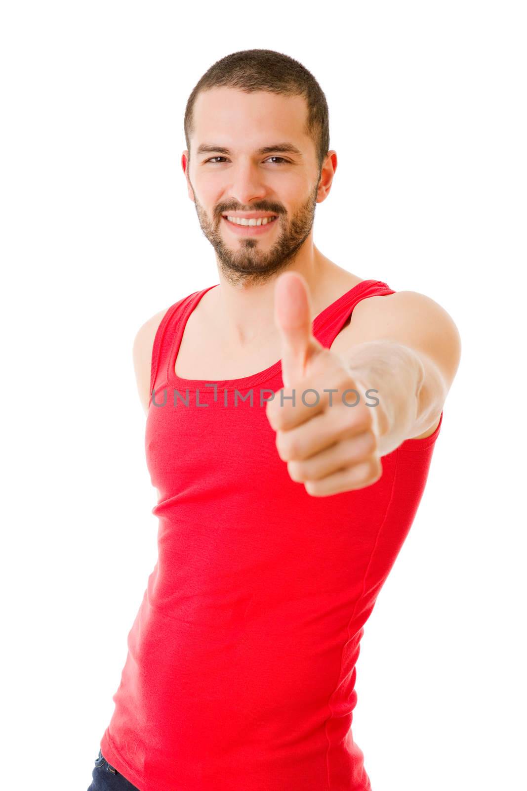 young casual man going thumb up, isolated on white background