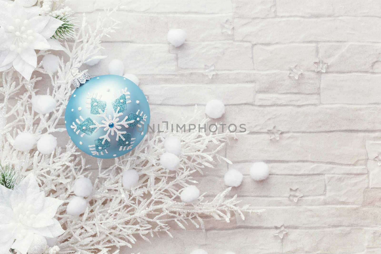 Christmas corner border of  white branches and blue ornament, decorated with stars. Top view, vintage color filter , blank space