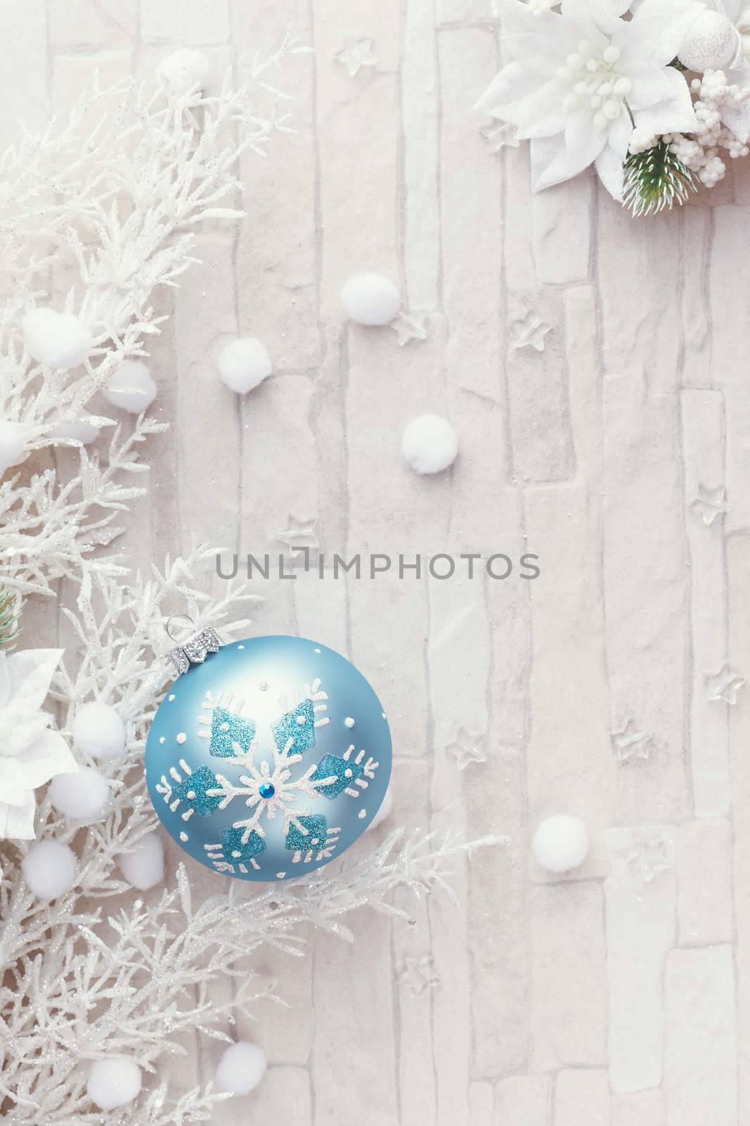 Christmas corner border of  white branches and blue ornament, decorated with stars. Top view, vintage color filter , blank space