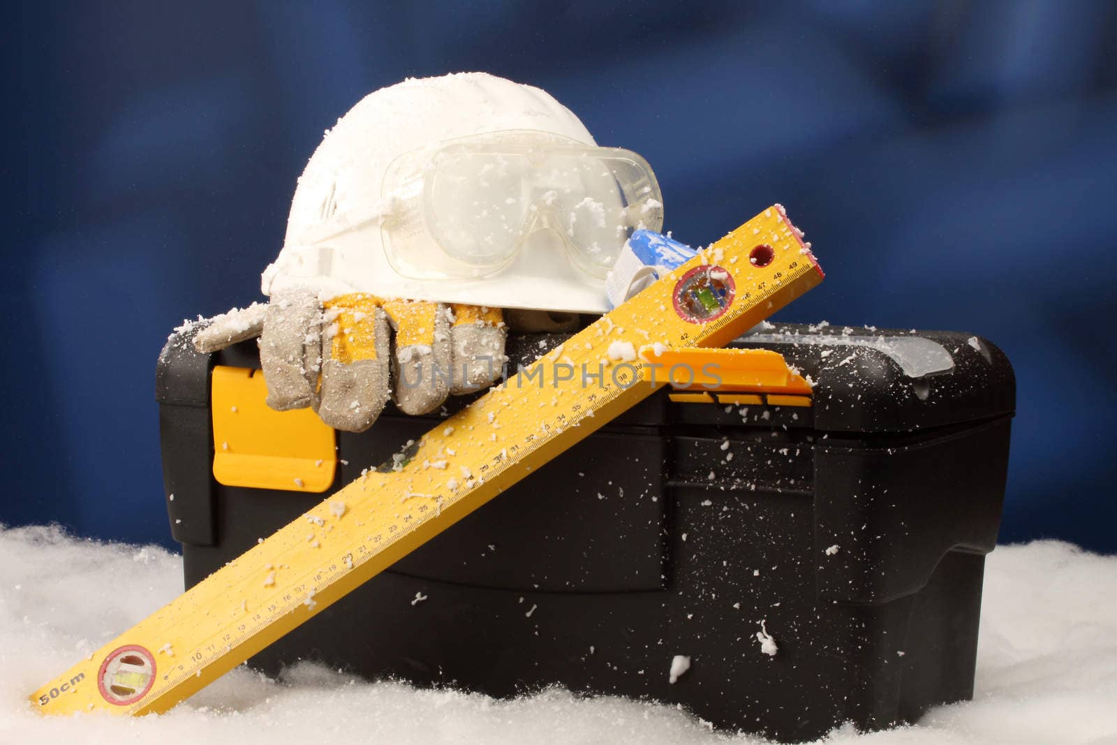 Safety New Year- protective equipment on artificial snow