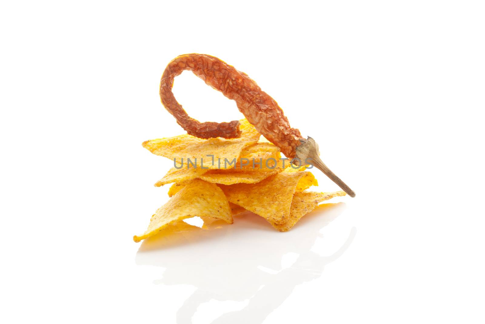 Nachos and jalapeno pepper isolated on white background. Traditional mexican eating. 