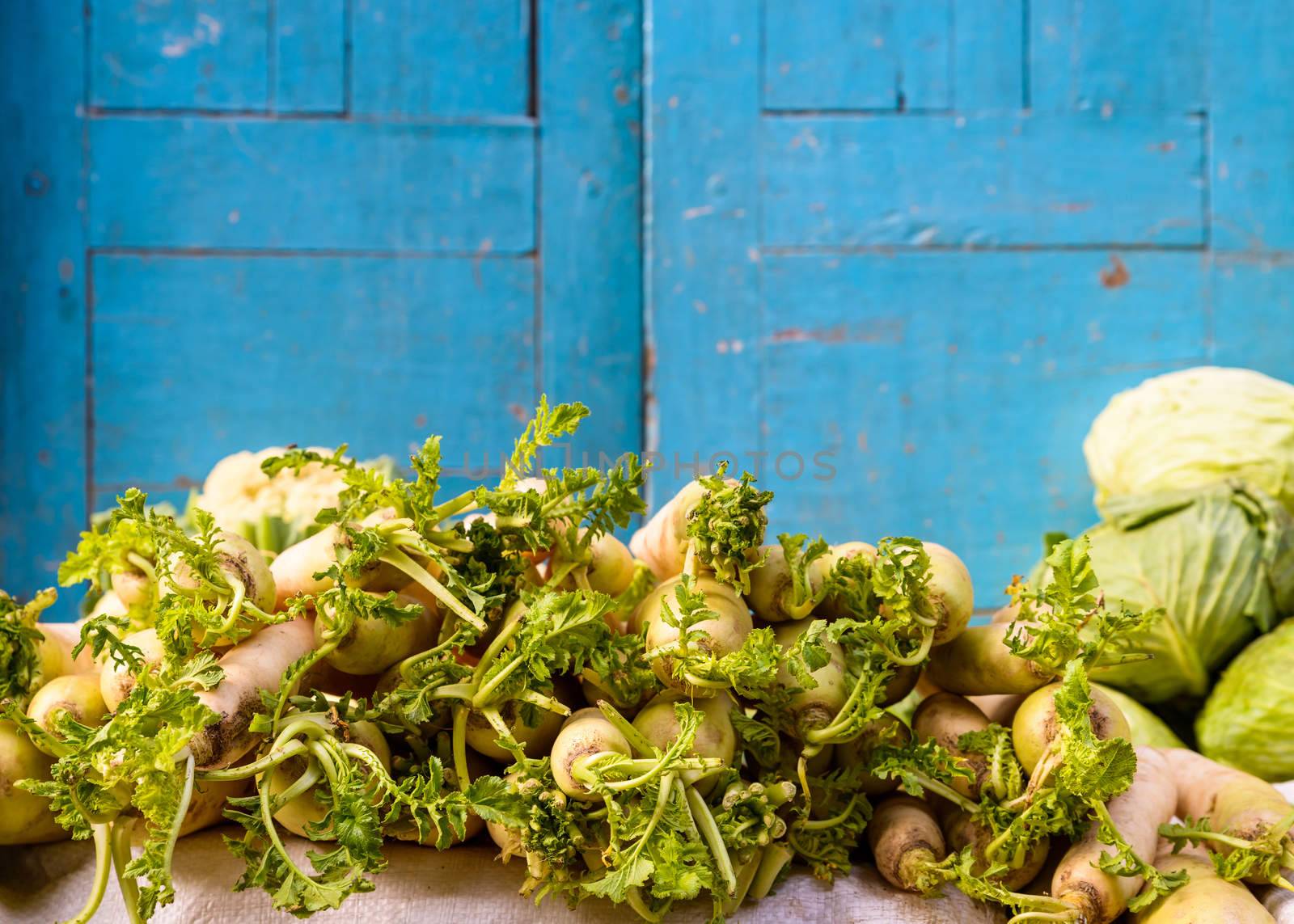 Daikon or white radish for sale on a street stall in Nepal