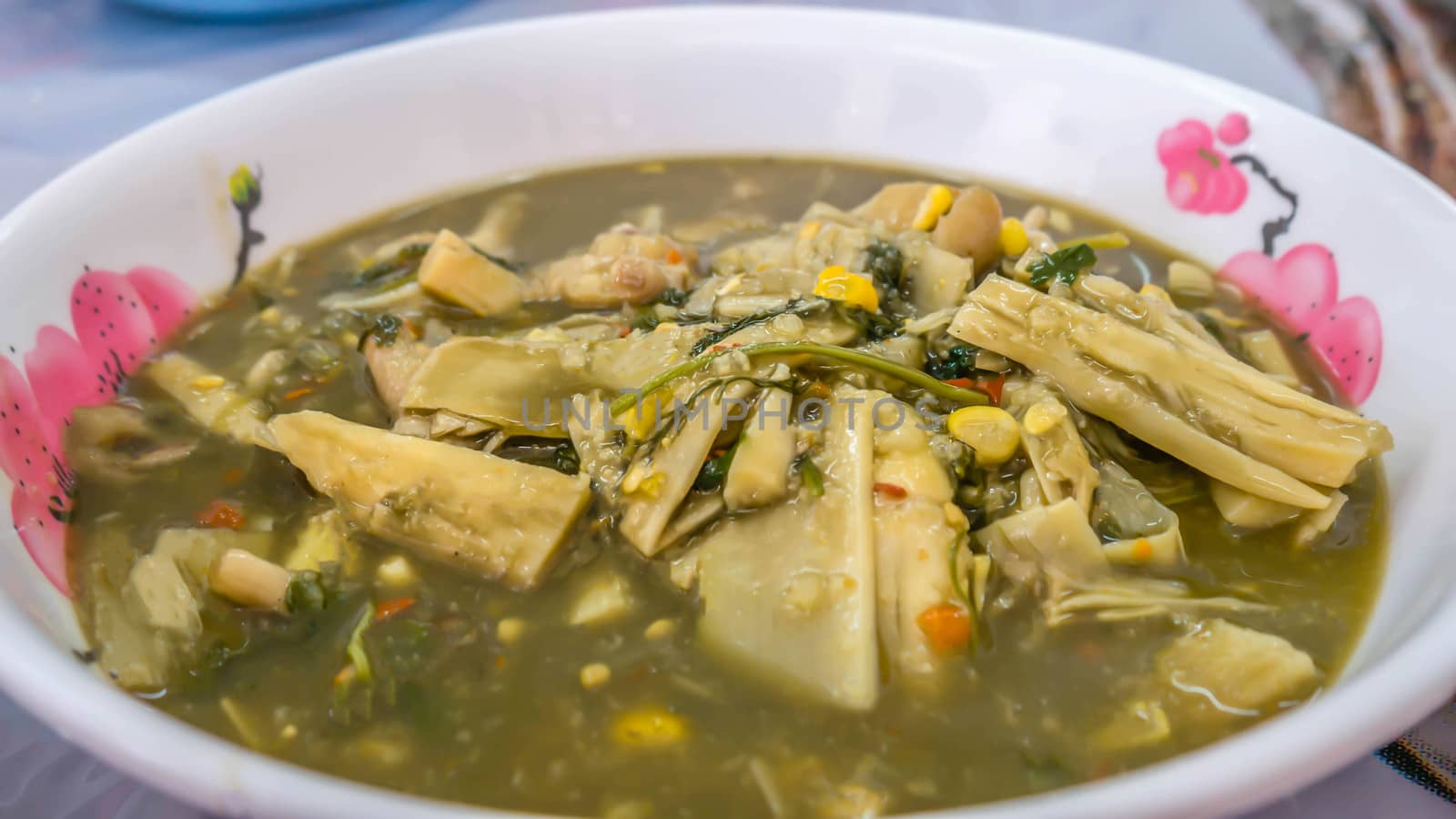Thai spicy soup with bamboo shoots and herbs  , Thai rustic style food