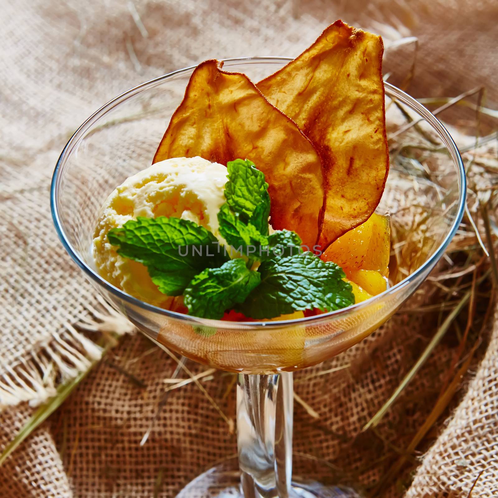 Homemade ice cream with mint and Pear chips