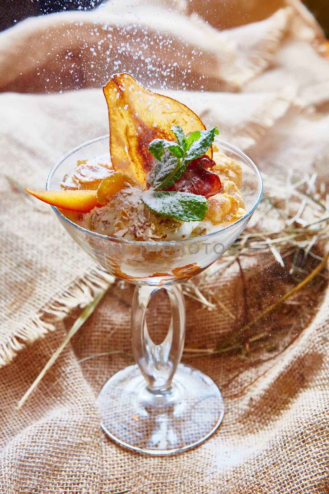 Homemade ice cream with mint and Pear chips