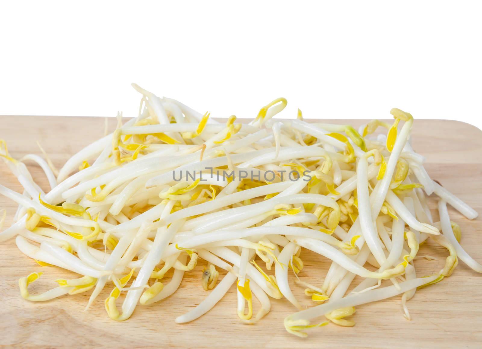 Mung bean sprouts in wooden dish on white background.