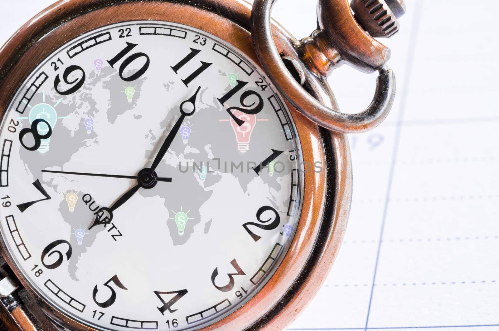 vintage pocket watch with globalization and dollar sign background on diary background. money, time and globalization concept.