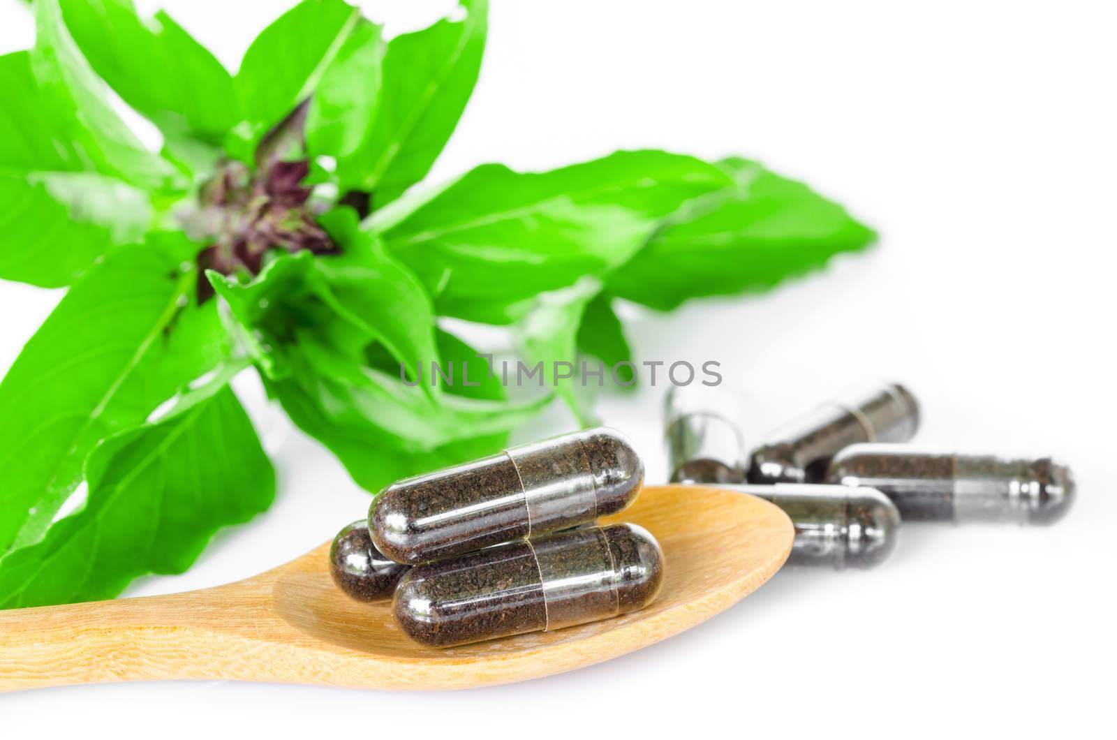 Black herbal capsule drug in wooden spoon with green leaf on white background.