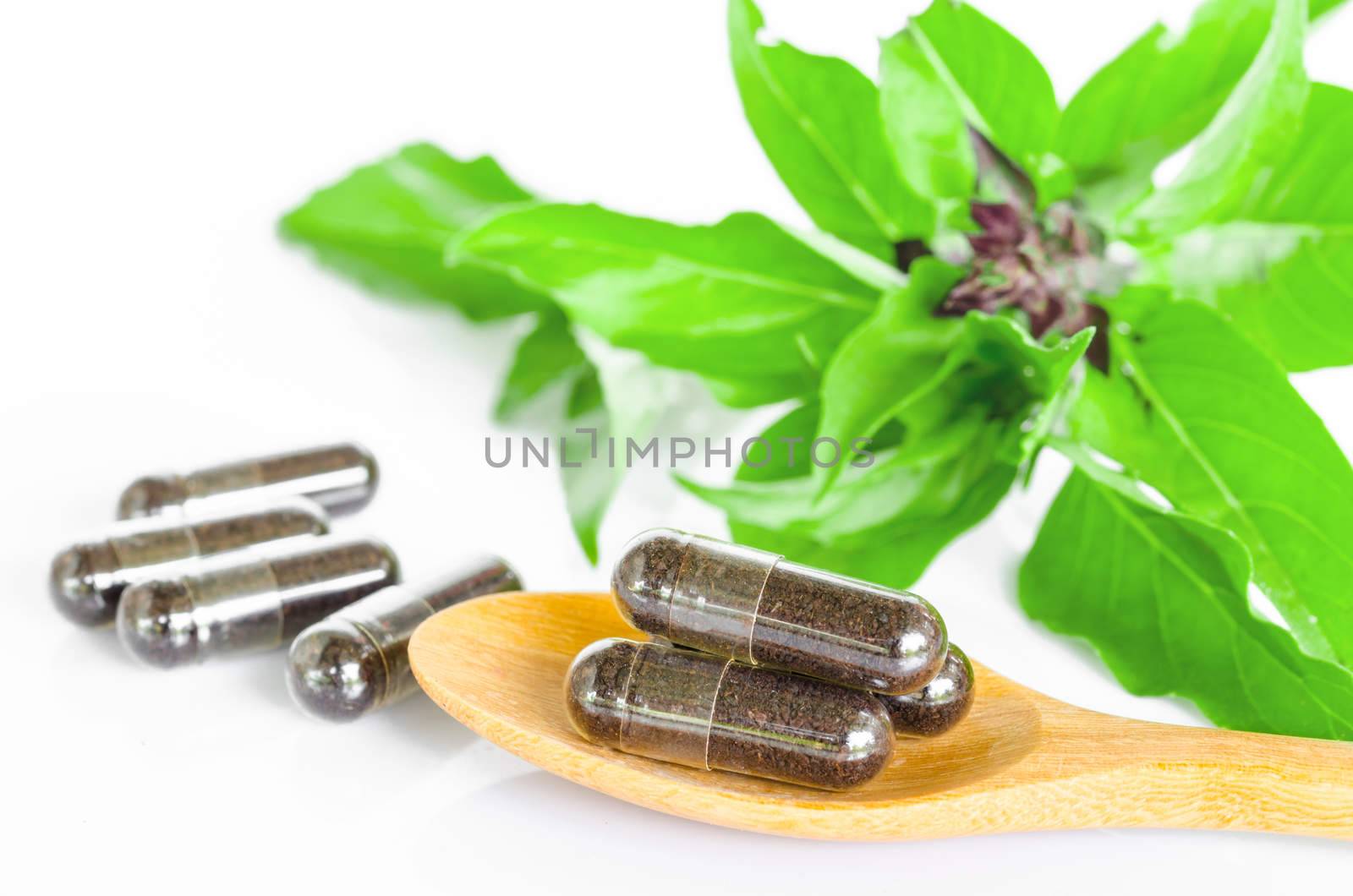 black herb capsule with wooden spoon and leaf on white background.