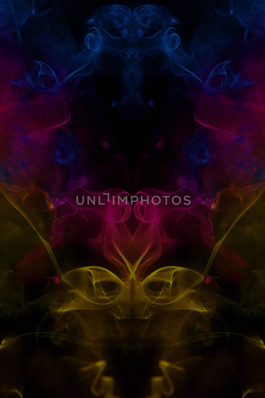 Colorful incense smoke, abstract shape on black background