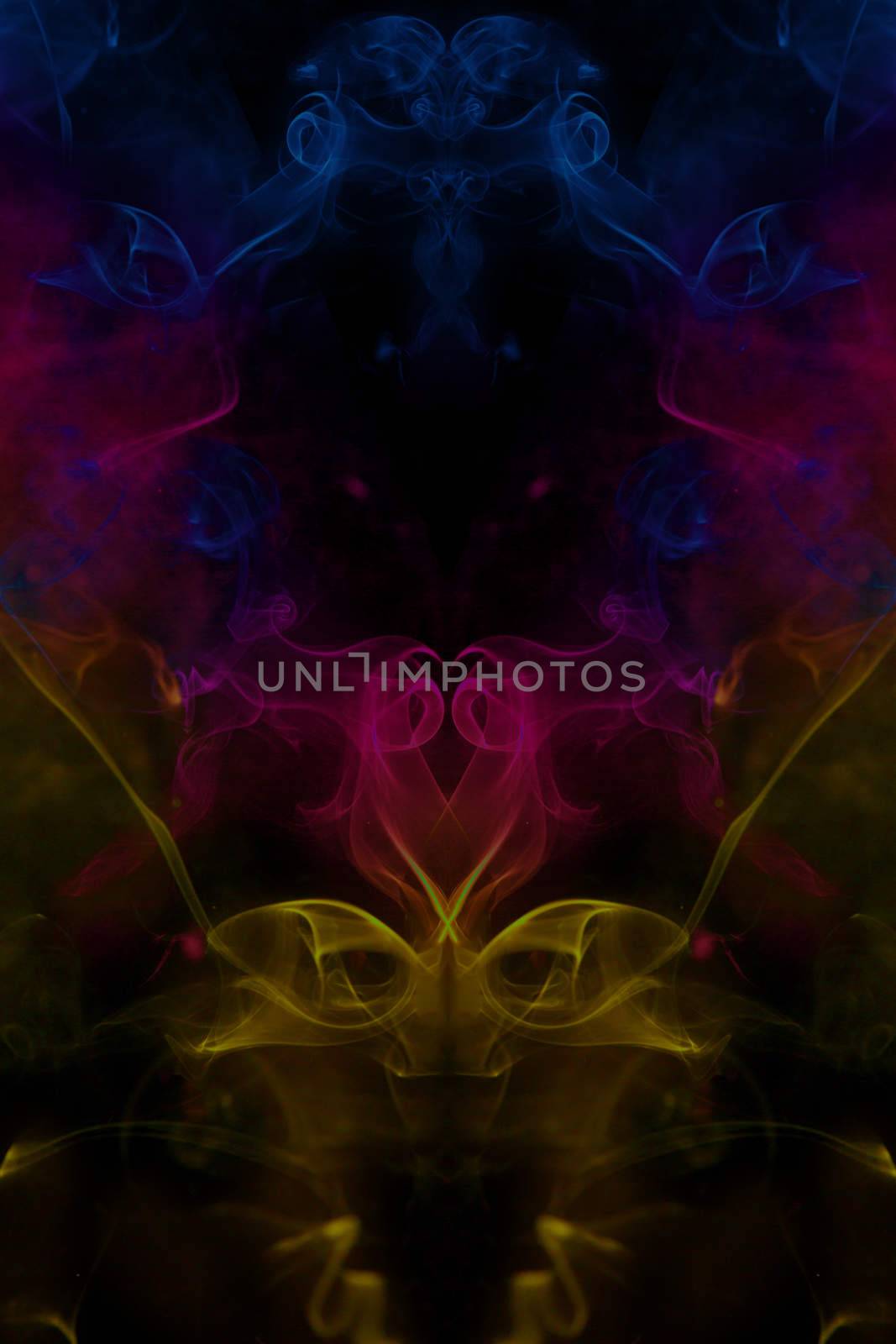 Colorful incense smoke, abstract shape on black background