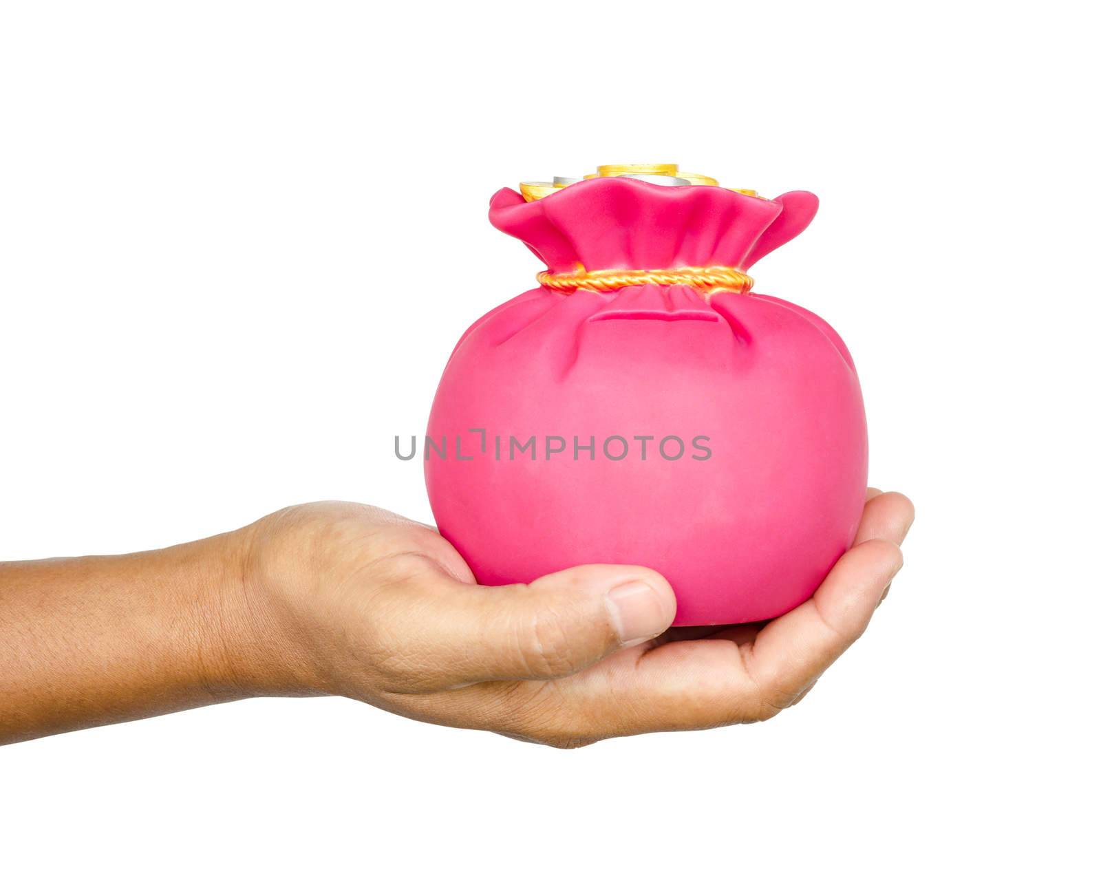 Hand hold save pink bag money box on white background.