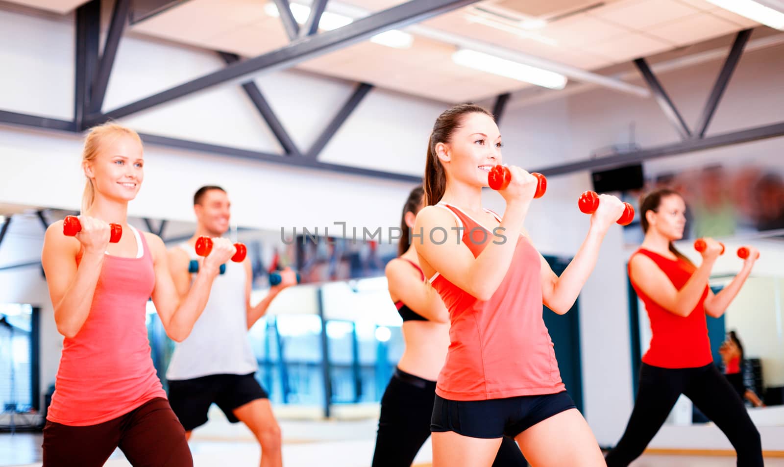 fitness, sport, training, gym and lifestyle concept - group of smiling people working out with dumbbells in the gym