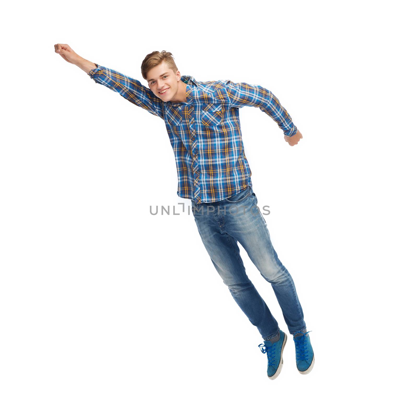 smiling young man flying in air by dolgachov