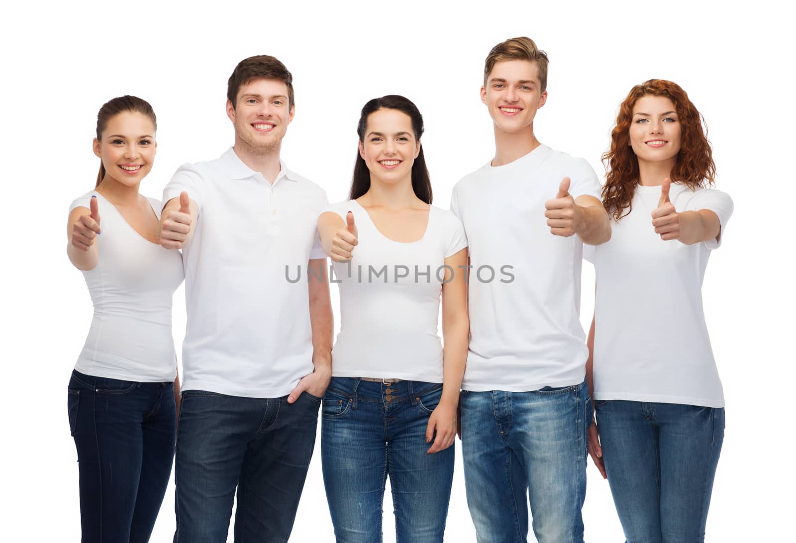 t-shirt design, gesture and people concept - group of smiling teenagers in blank white t-shirts showing thumbs up
