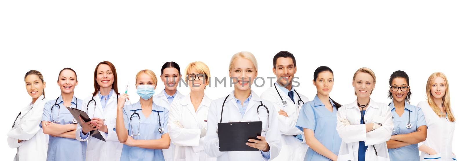smiling female doctors and nurses with stethoscope by dolgachov