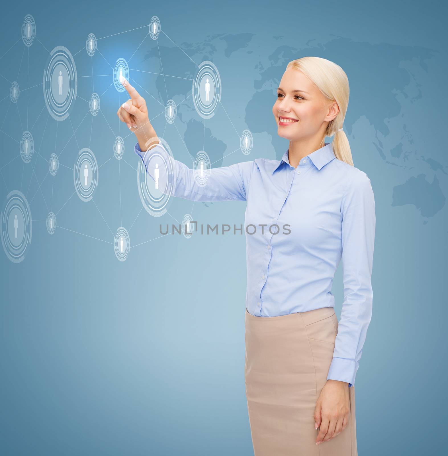 business, technology, future, communication and connection concept - smiling young businesswoman working with virtual screen choosing contacts