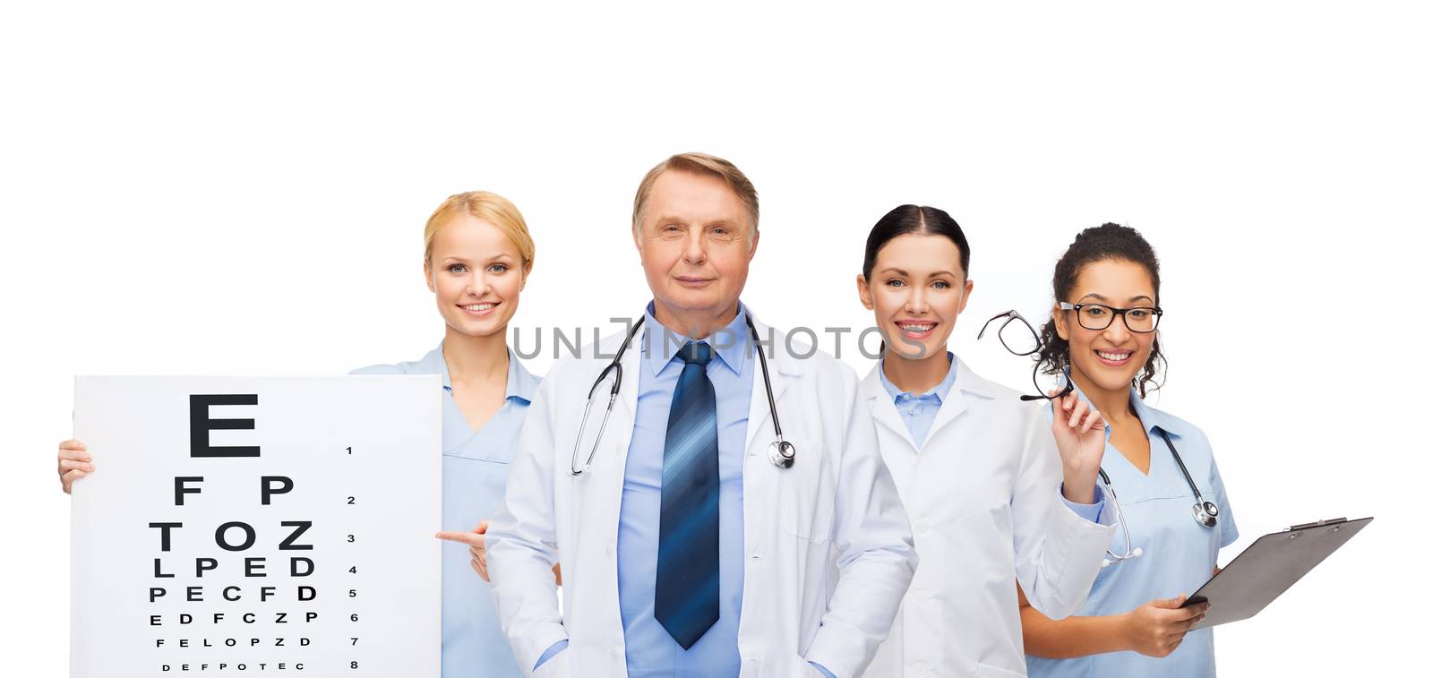 healthcare, vision and medicine concept - smiling eye doctors and nurses with eye exam chart, glasses and clipboard