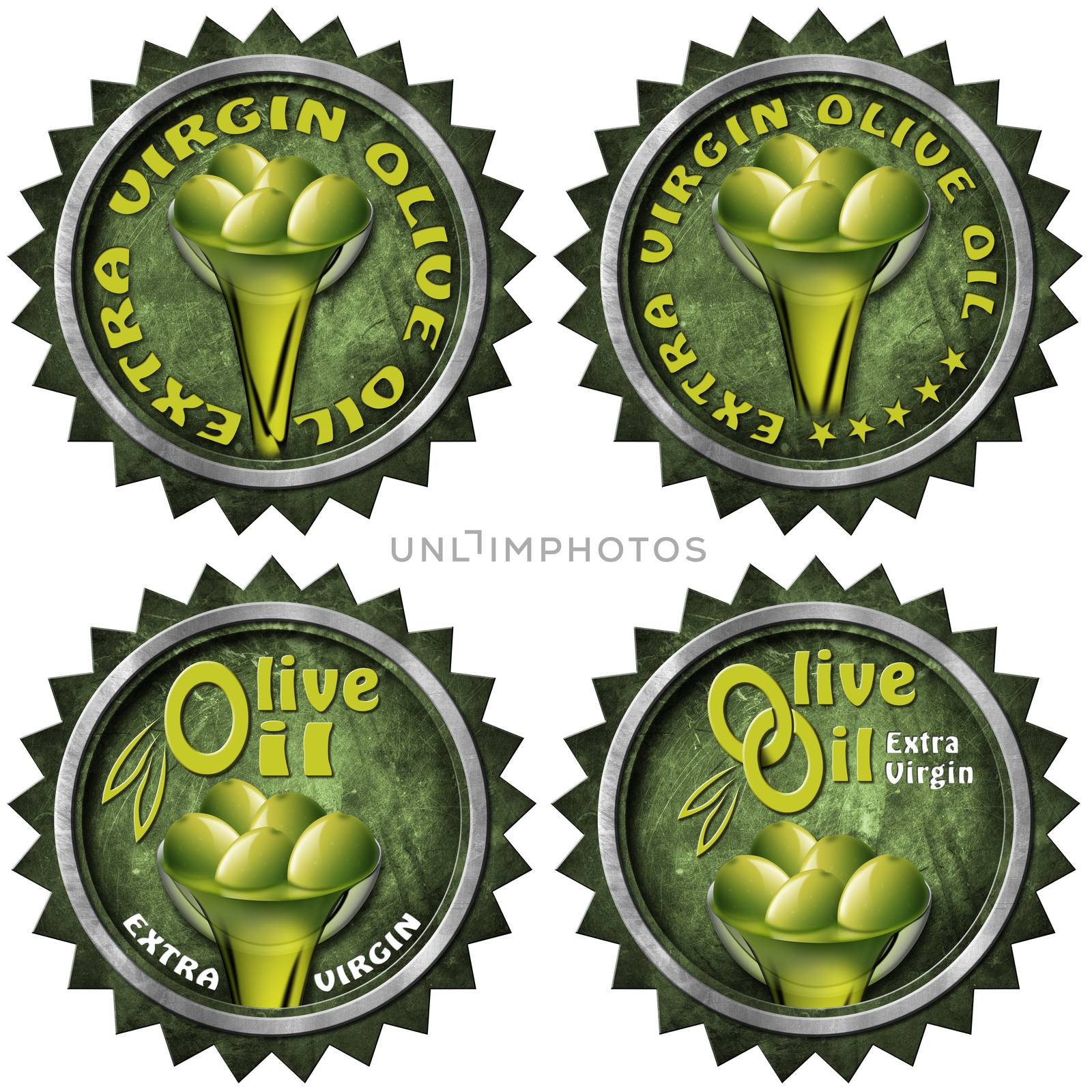 Collection of four labels with green olives and oil, text Extra virgin olive oil. Isolated on white background