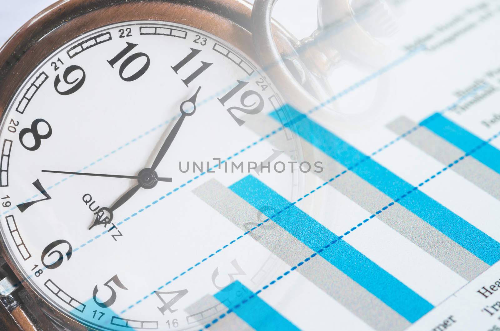 Business time concept with clock and graph documents