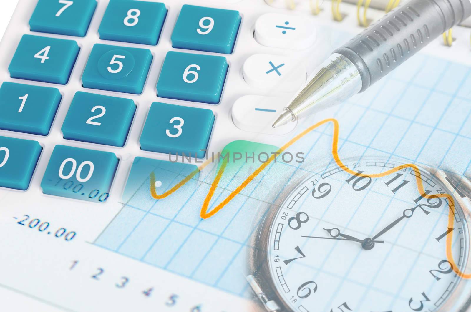 image of financial report with pen clock and calculator. by Gamjai