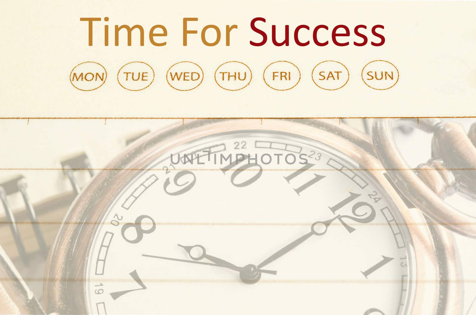 Time for success concept. Pocket watch on diary background.