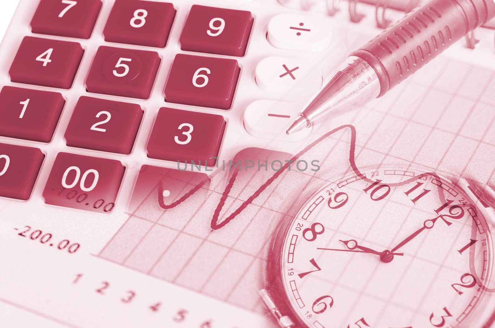 image of financial report with pen clock and calculator. by Gamjai