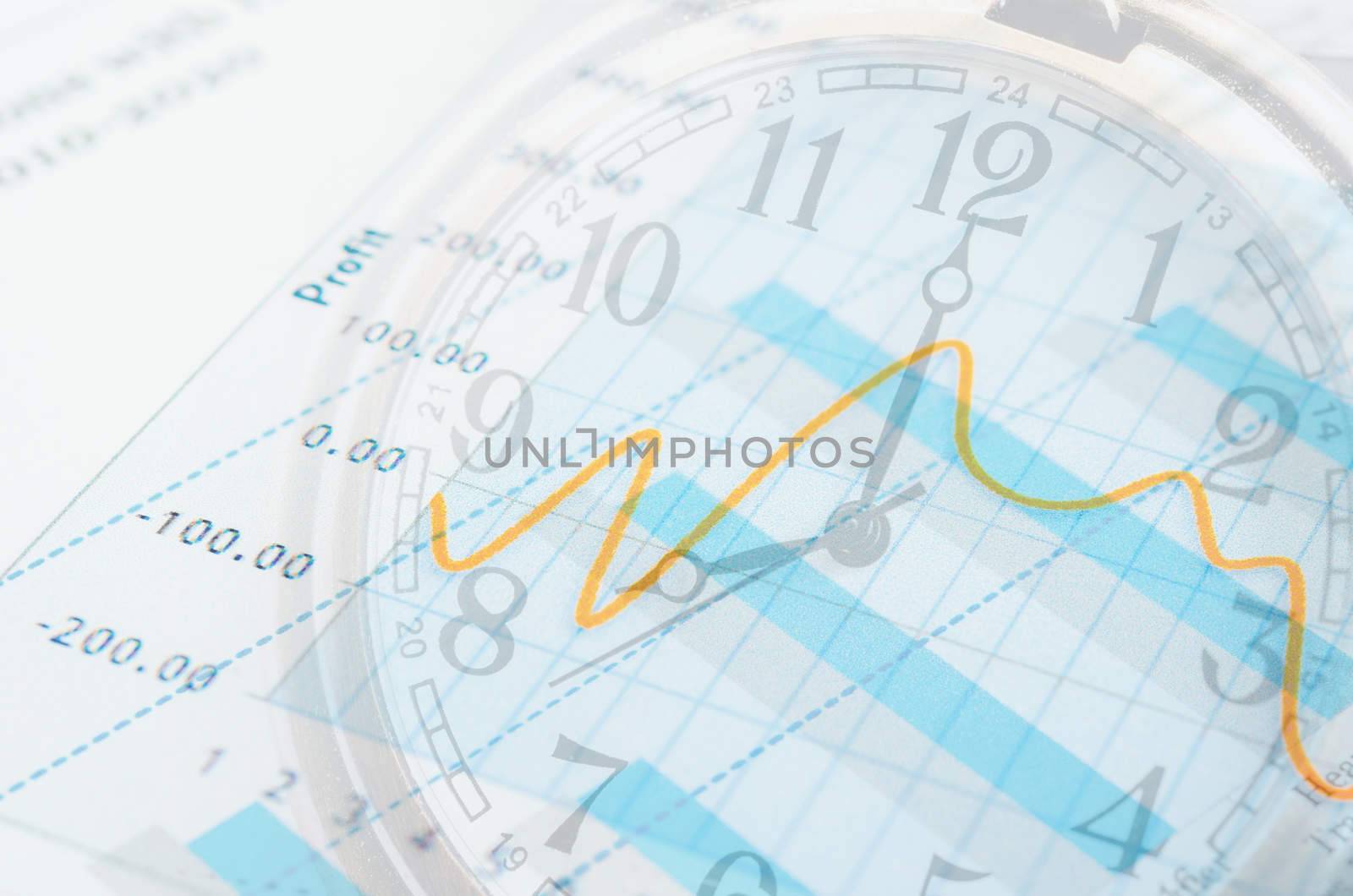 Business time concept. Graph document and clock.