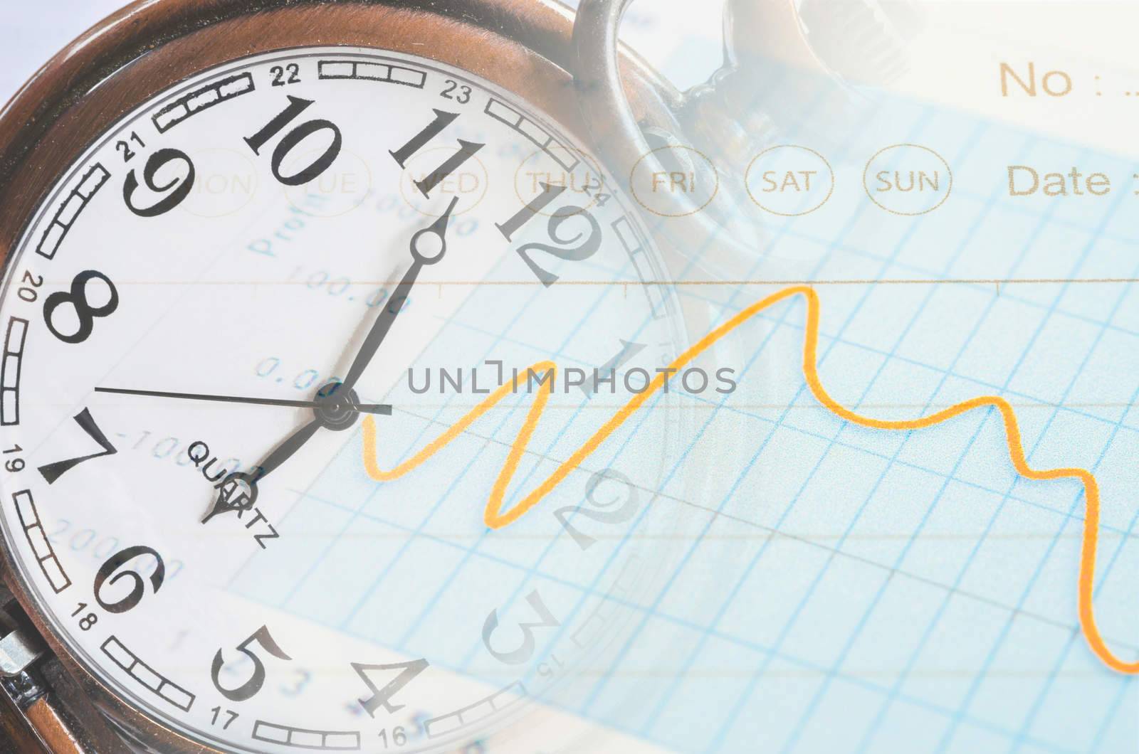 Business time concept. calculator, hand, clock and documents