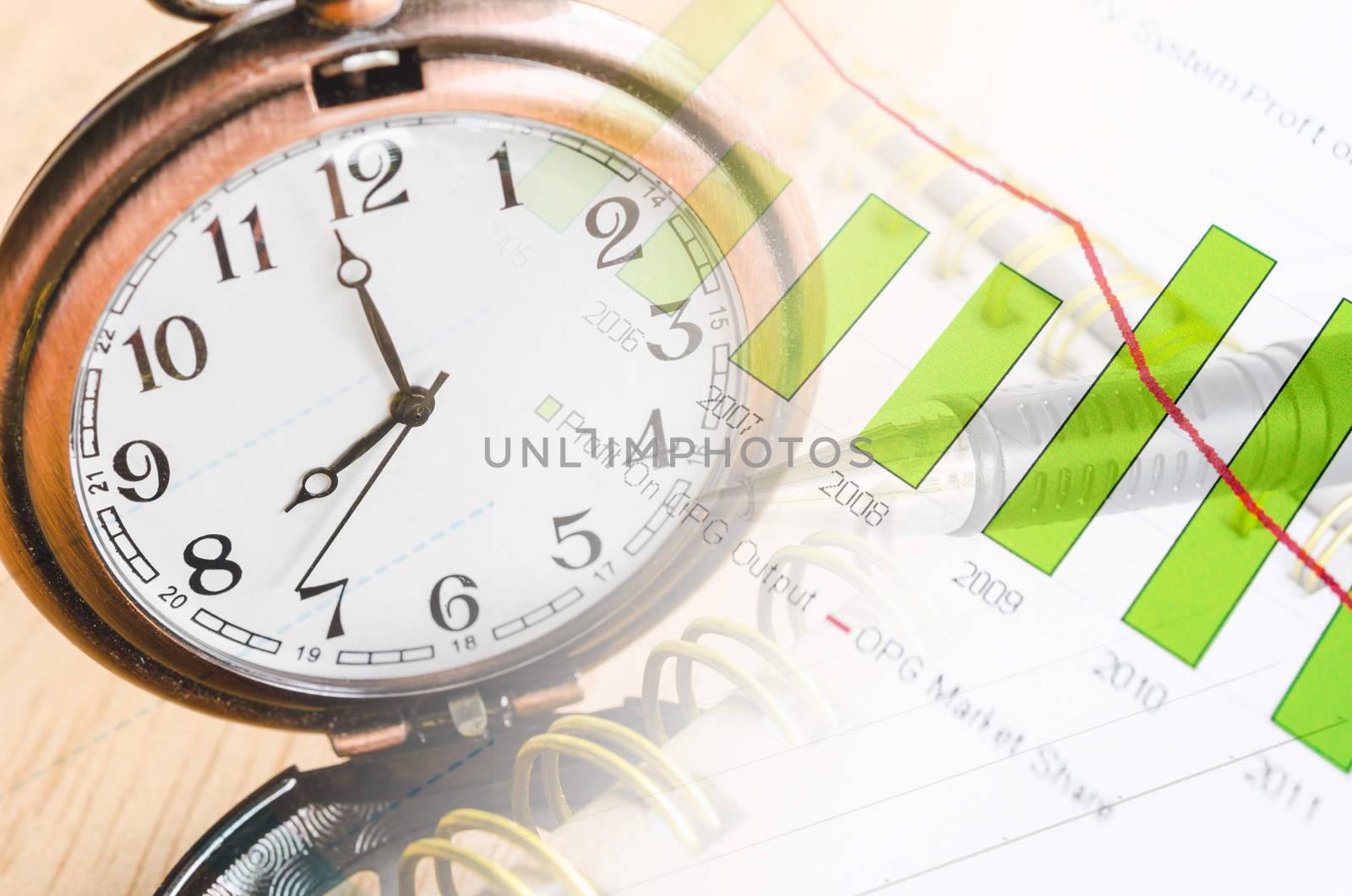 Business time concept with clock and graph documents