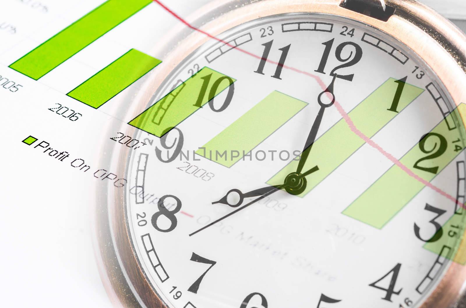 Business time concept with clock and graph documents