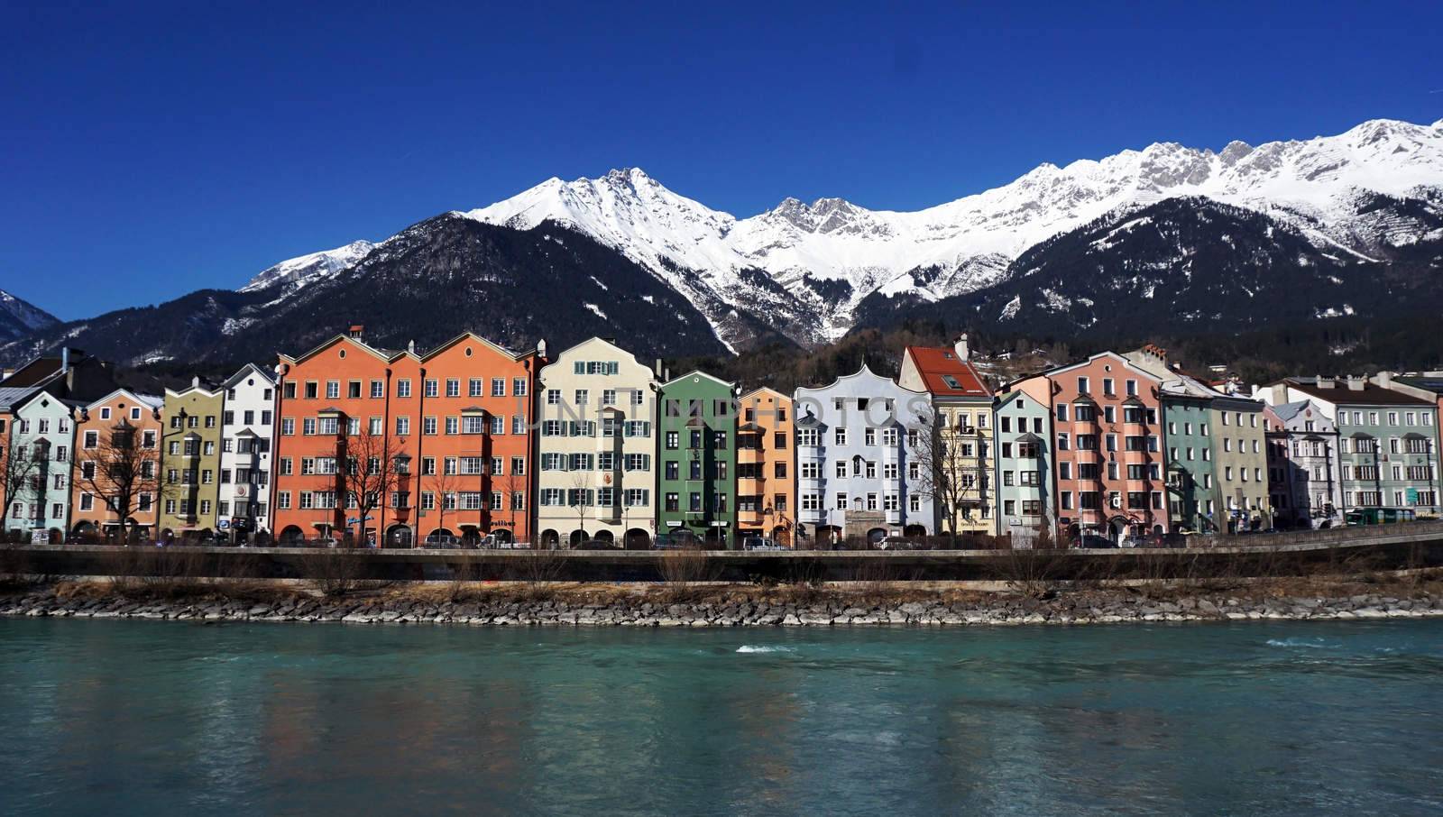 colorful houses along riverside in Innsbruck 