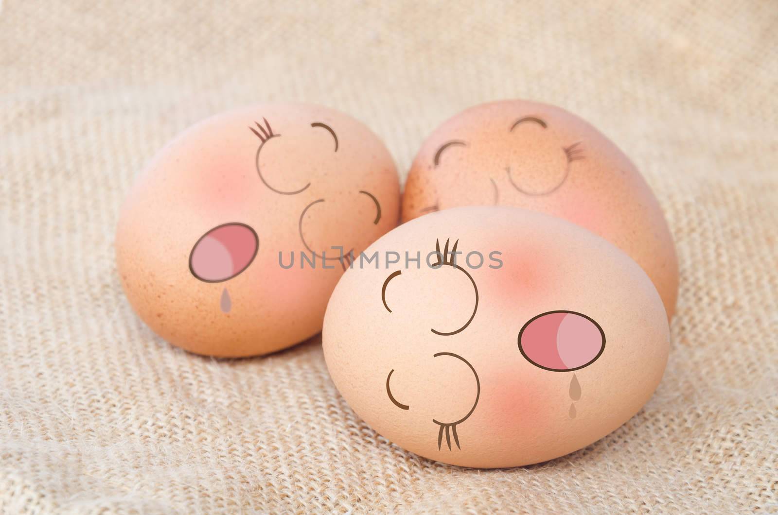 Eggs sleep in Expression Face on sack background.