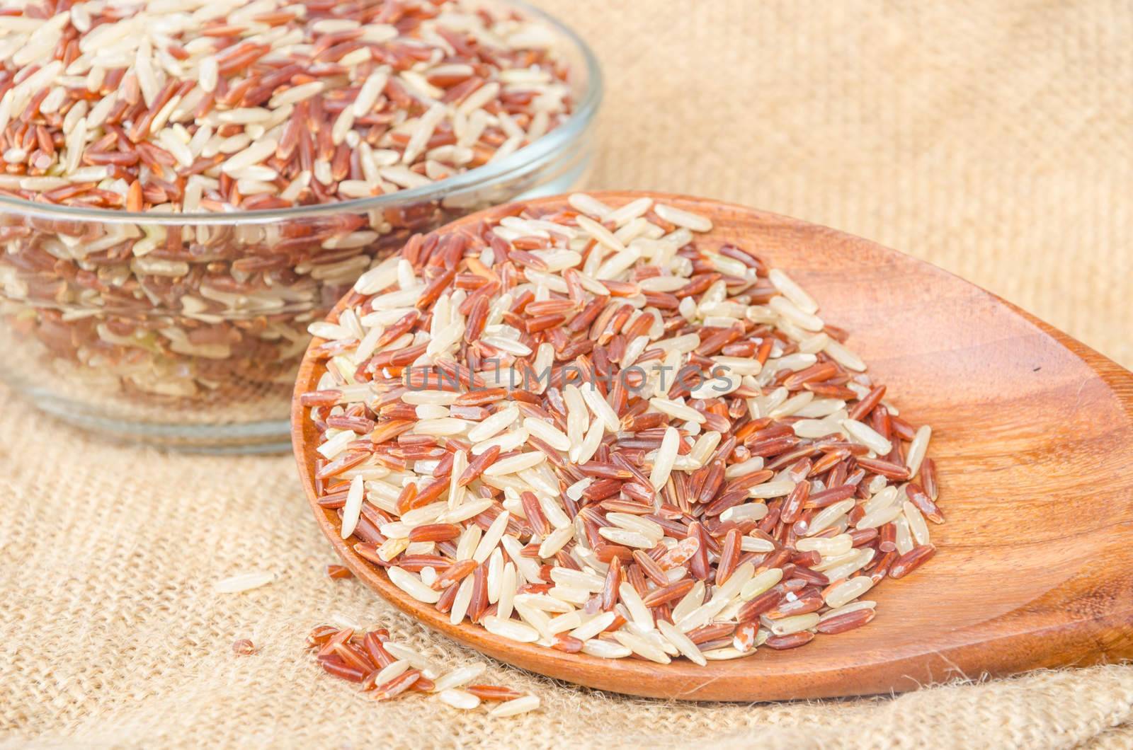 rice brown in wooden spoon on sack background.