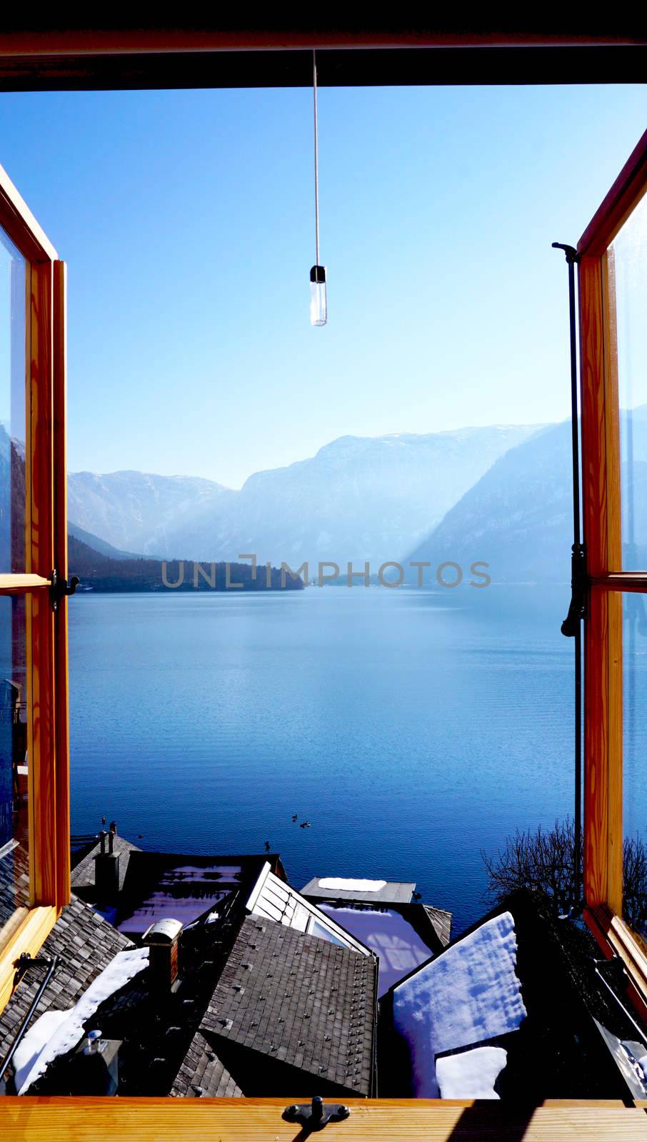 Hallstatt lake view from window, Austria