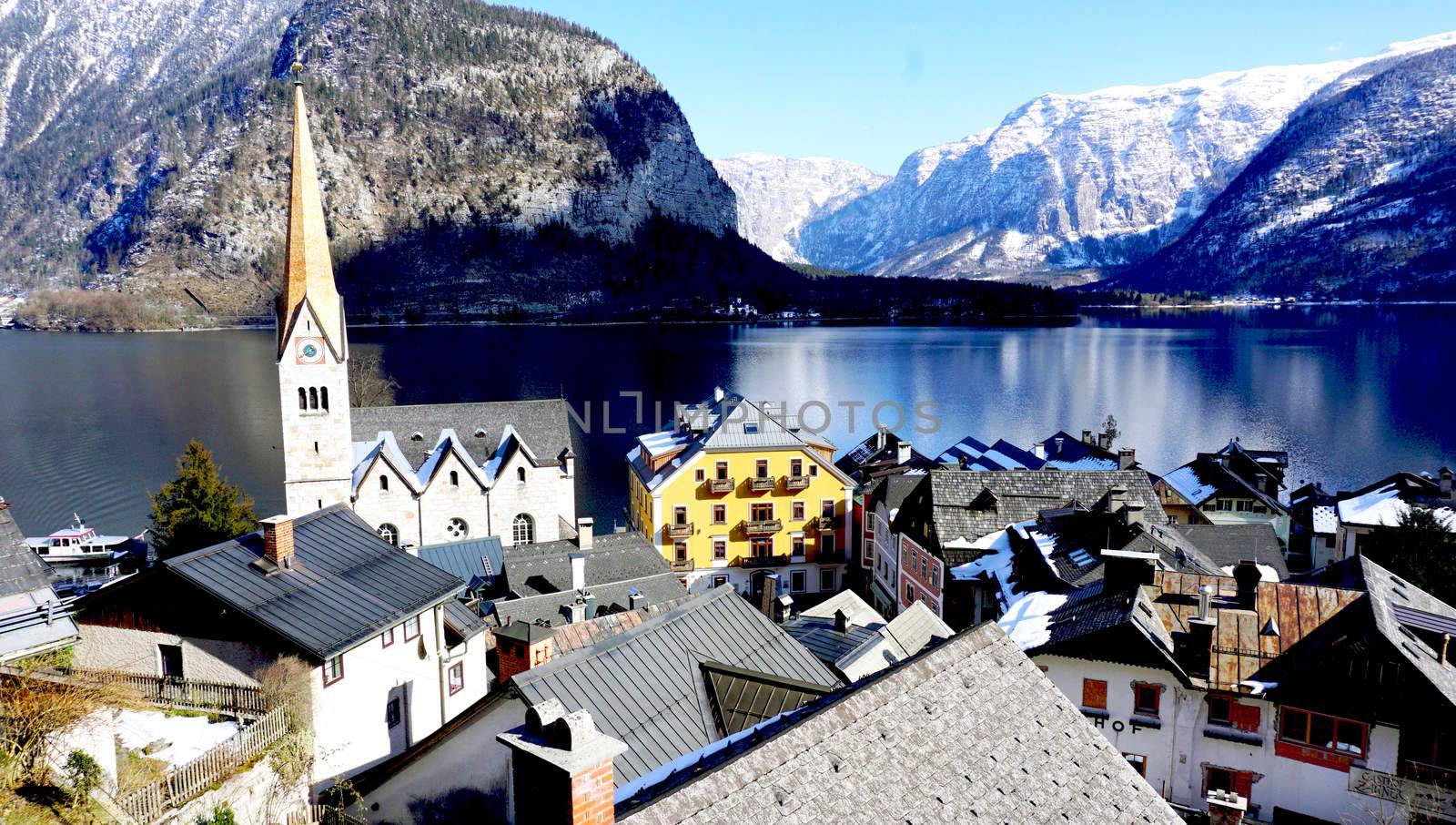 Landscape of lake and snow mountain in Hallstatt Austria