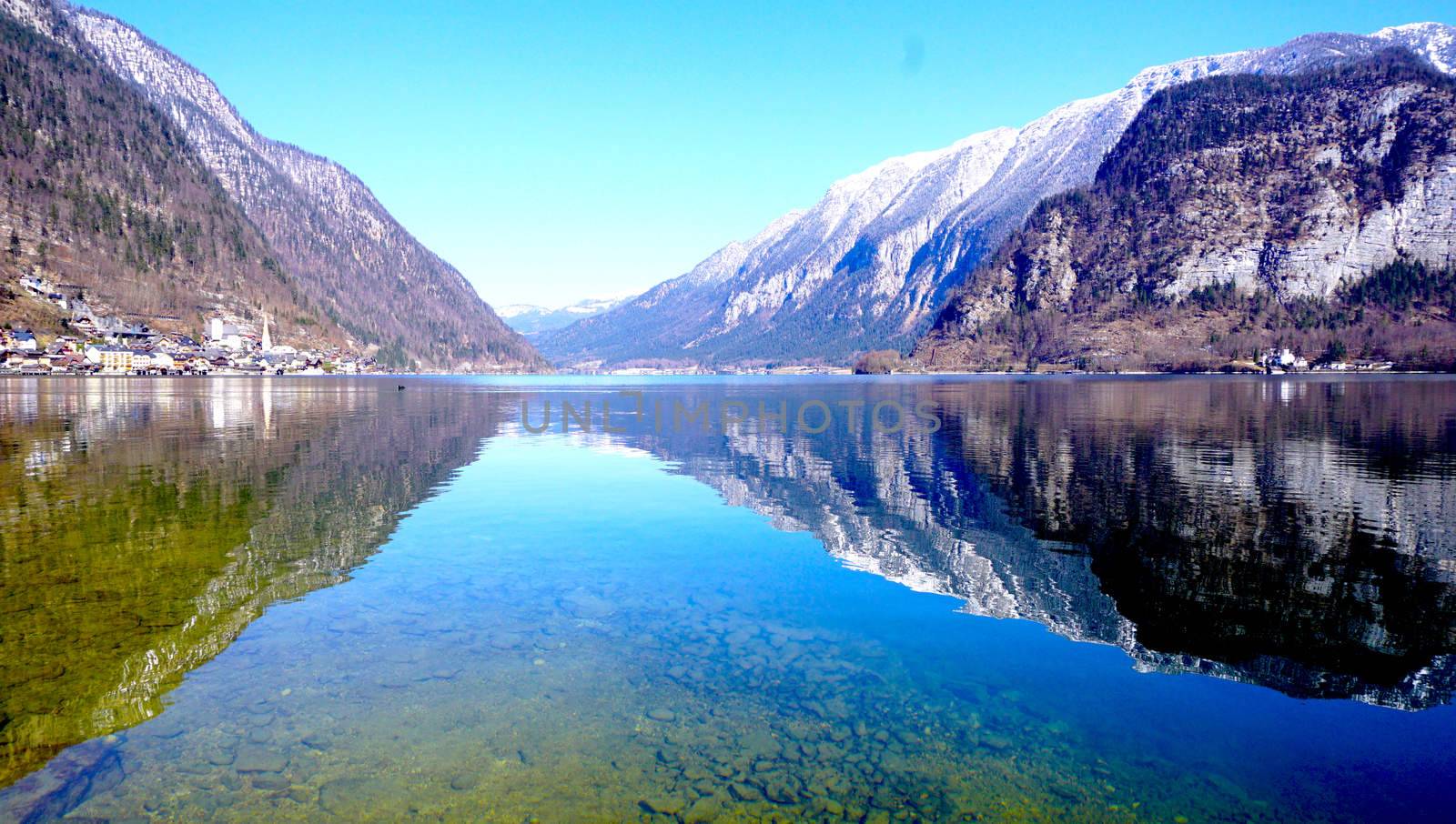 Mirror lake view of Hallstatt, Austria