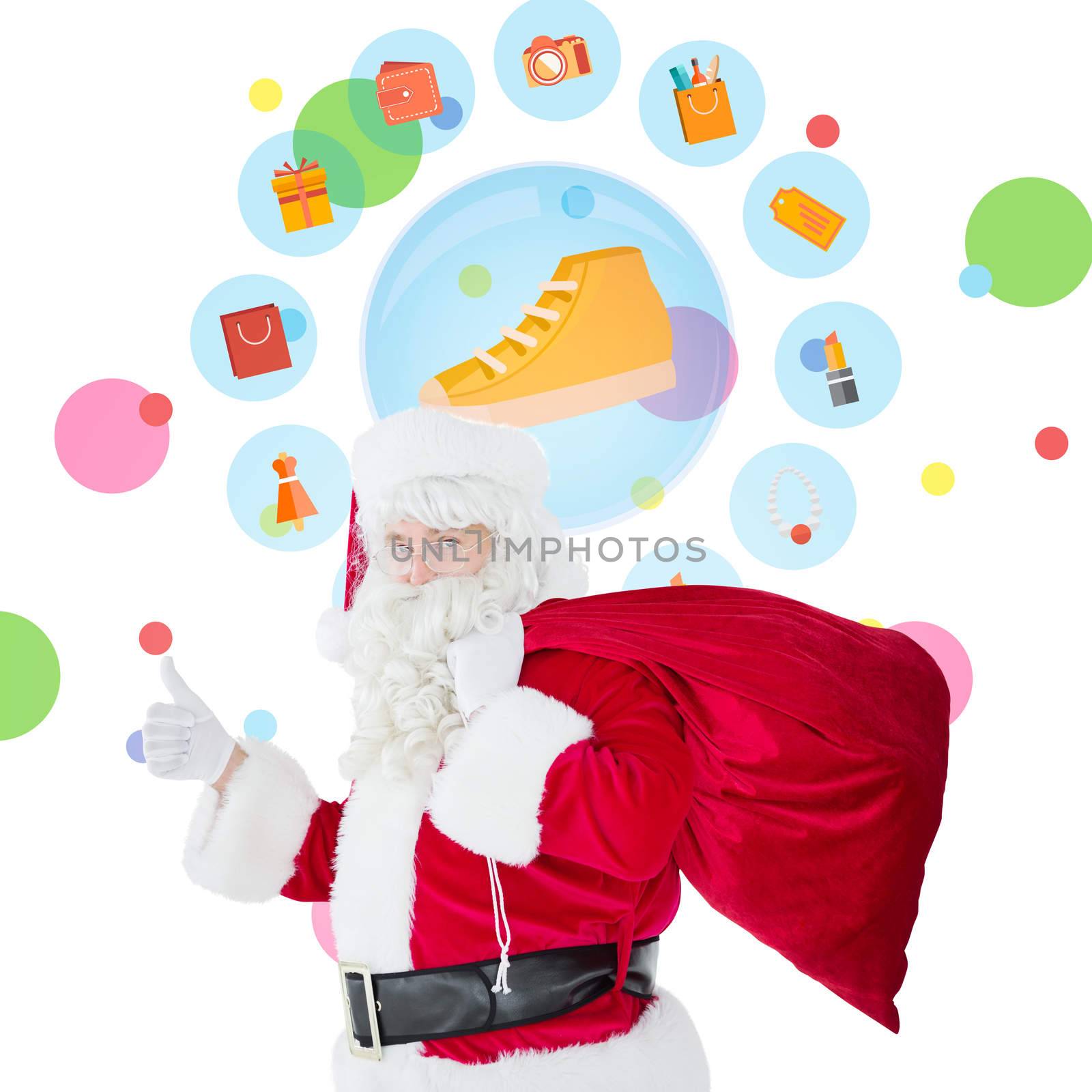 Positive santa with his sack and thumbs up against dot pattern