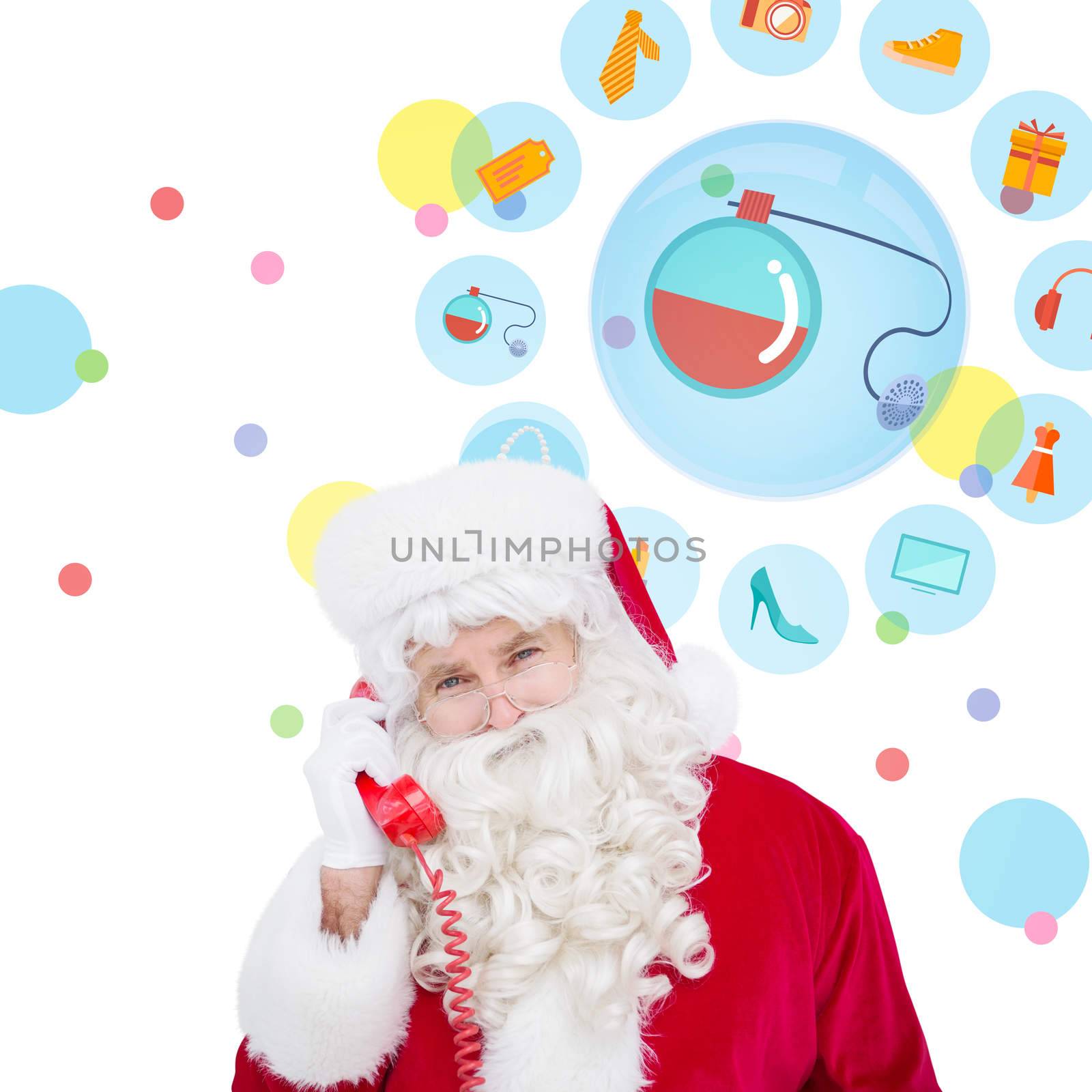 Santa claus on the phone  against dot pattern