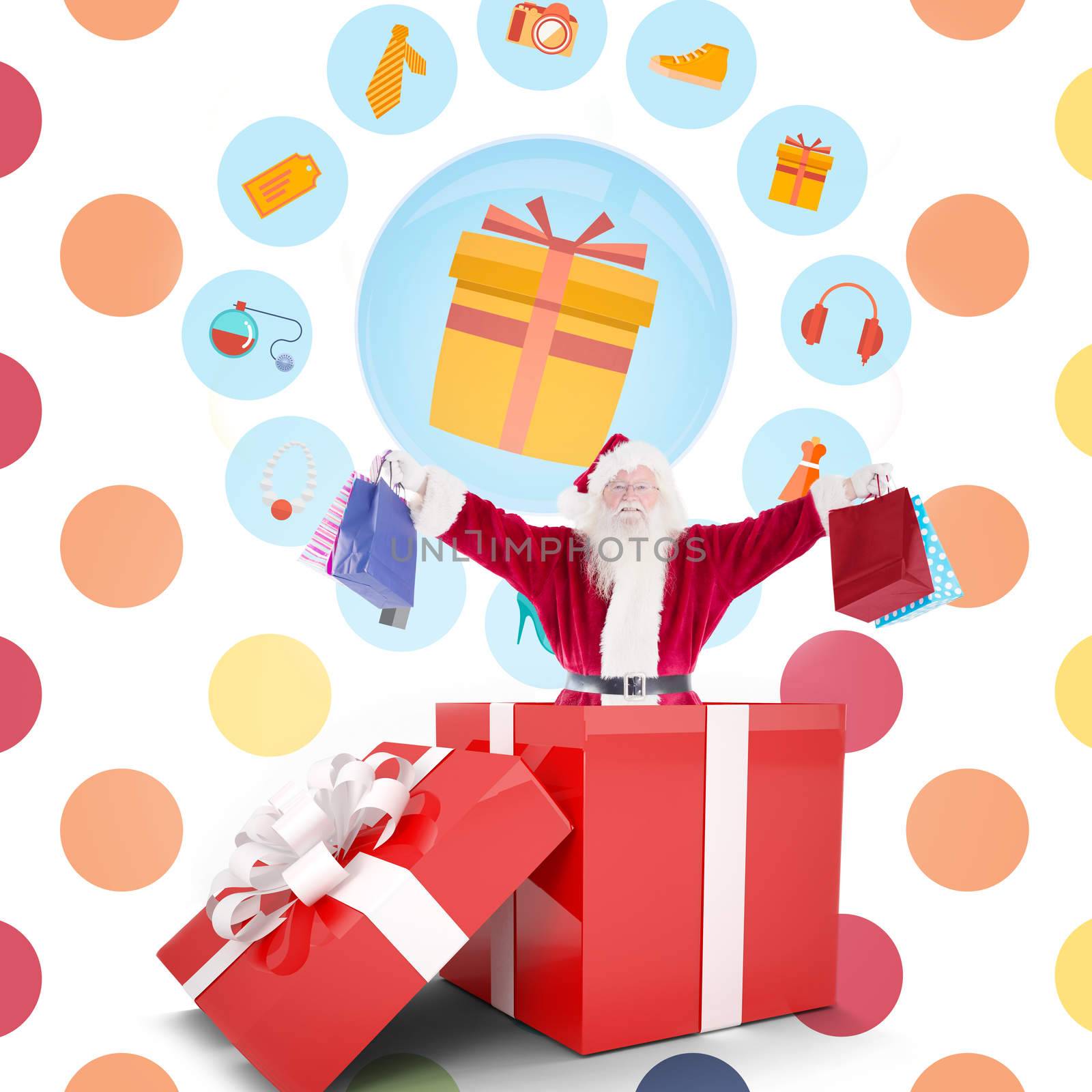 Santa standing in large gift against colorful polka dot pattern 