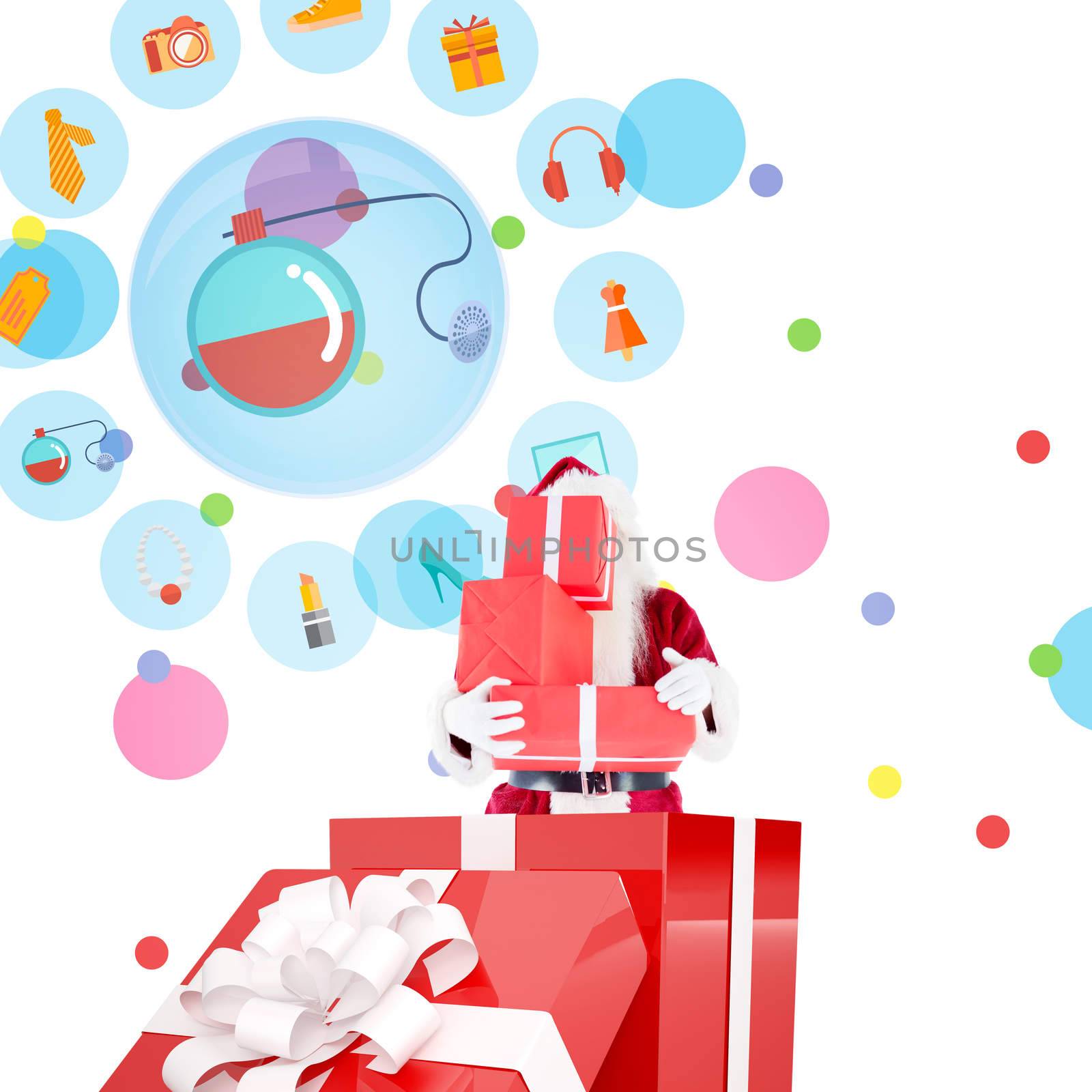 Santa standing in large gift against dot pattern